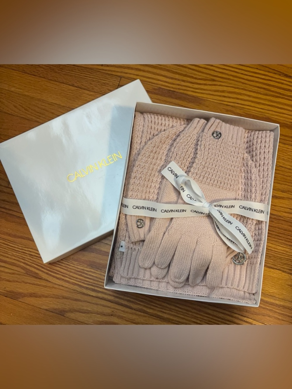 Calvin Klein 3-piece waffle knit hat, scarf, and glove gift set in blush pink